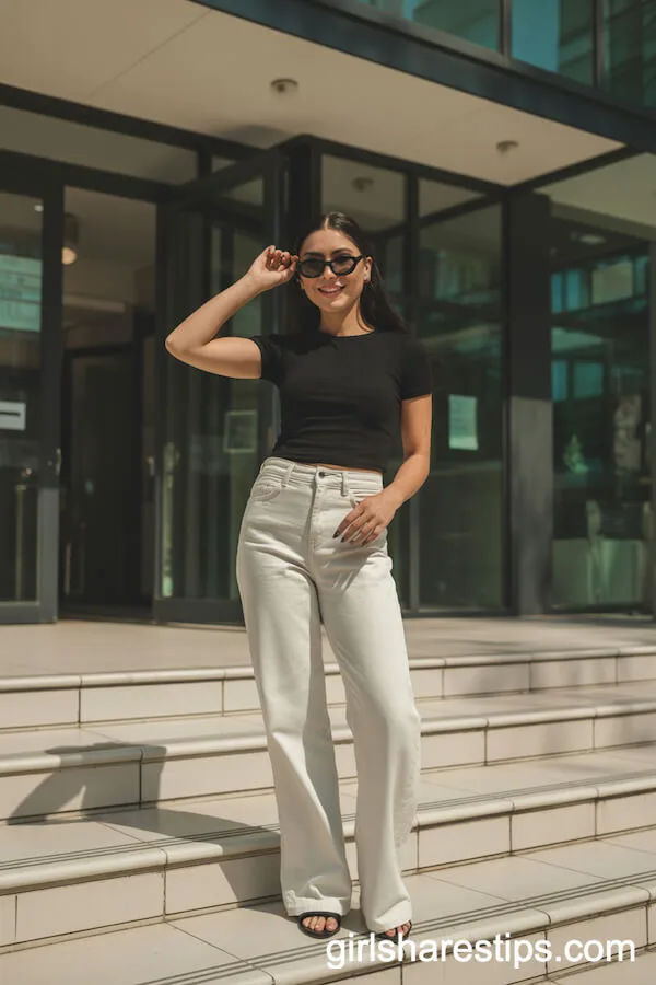 White Denim Wide Leg Pants with a Fitted Black Top
