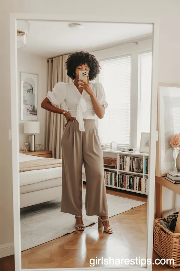 Taupe Wide Leg Pants with a White Blouse and Block Heeled Sandals