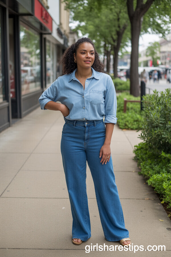 Denim Wide Leg Pants Styled with a Chambray Shirt