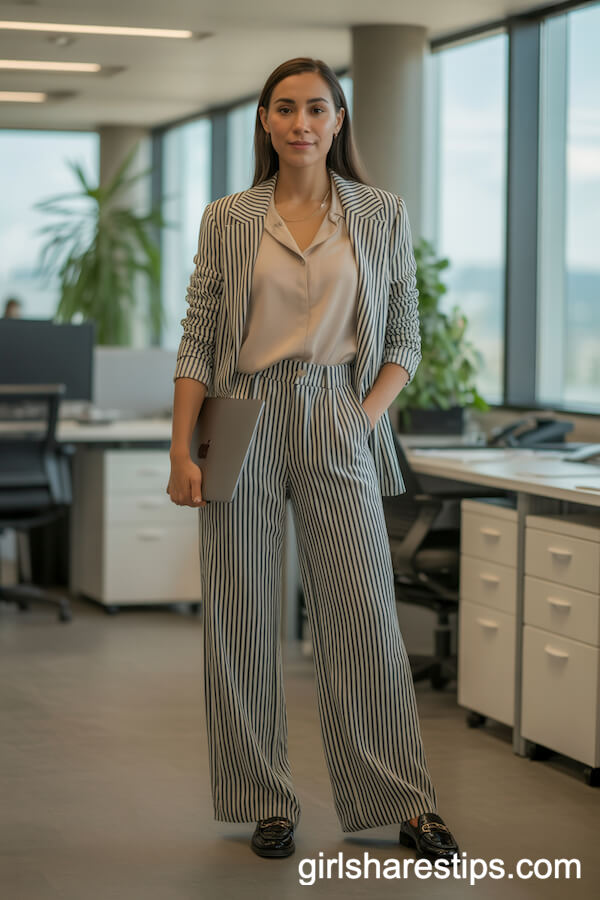 Vertical Striped Wide Leg Pants with a Neutral Beige Blouse