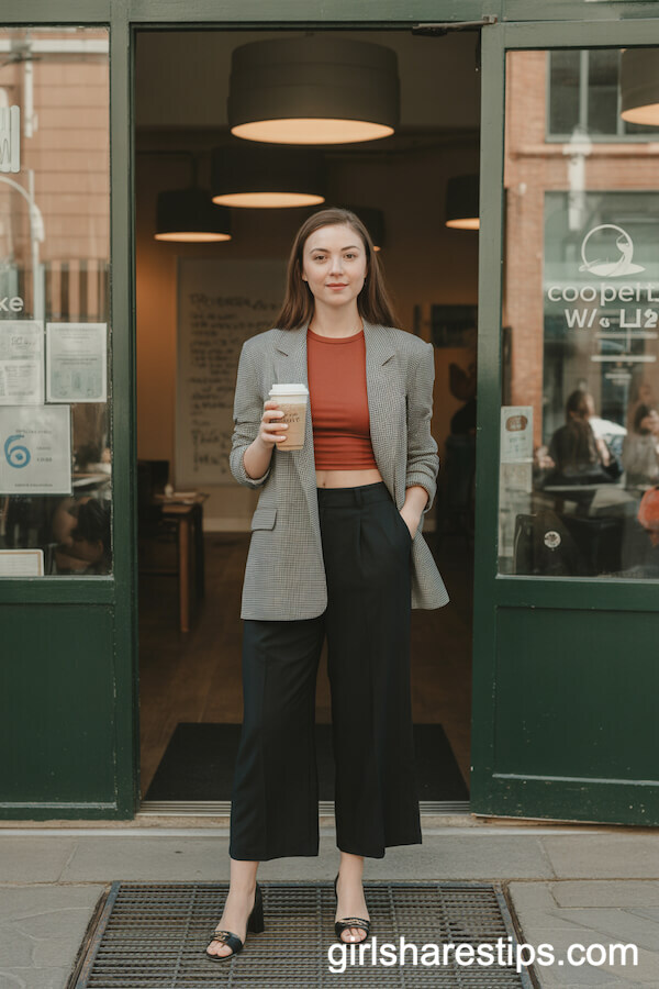 Cropped Black Wide Leg Pants with a Grey Blazer