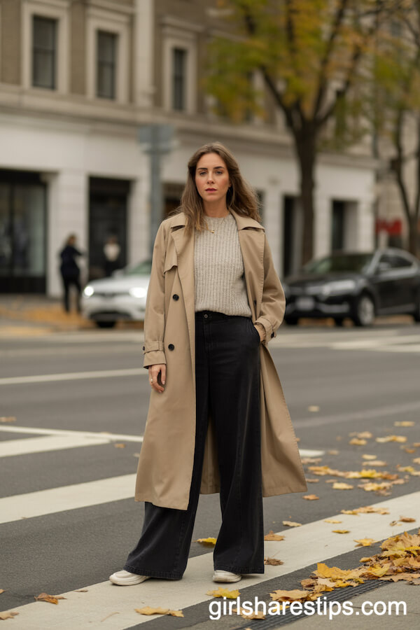Dark Wide Leg Pants with a Light Knit Top and Beige Trench Coat