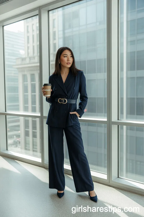 Navy Wide Leg Pantsuit with a Statement Belt for Office Confidence