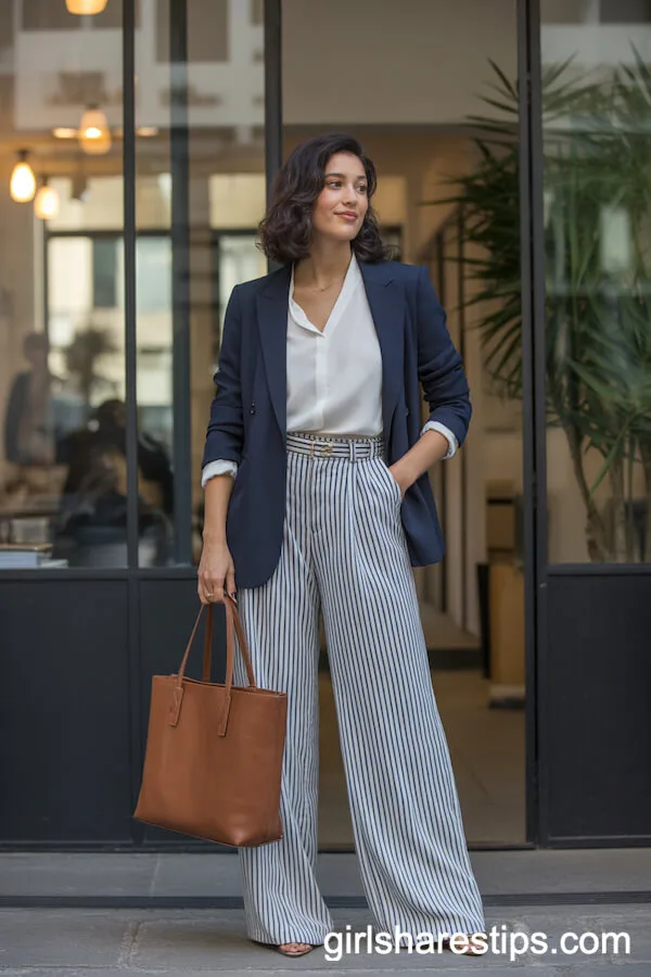 Striped Wide Leg Trousers with a Navy Blazer and White Blouse