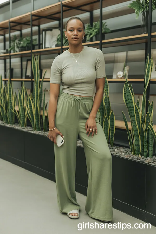Olive Green Wide Leg Pants Paired with a Fitted Knit Top