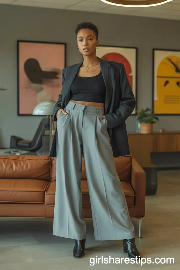Grey Wide Leg Pants with a Cropped Dark Blazer and Ankle Boots
