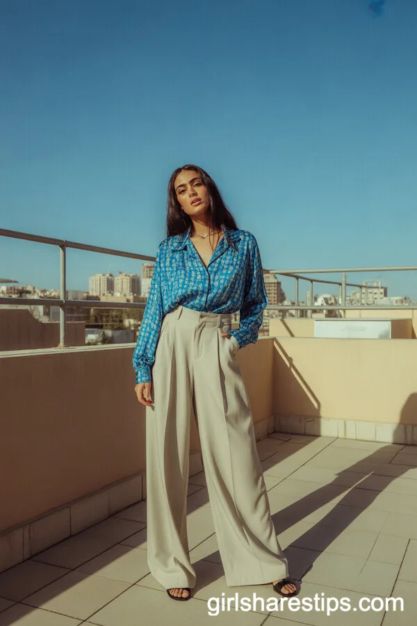 Beige Wide Leg Pants Matched with a Blue Printed Blouse