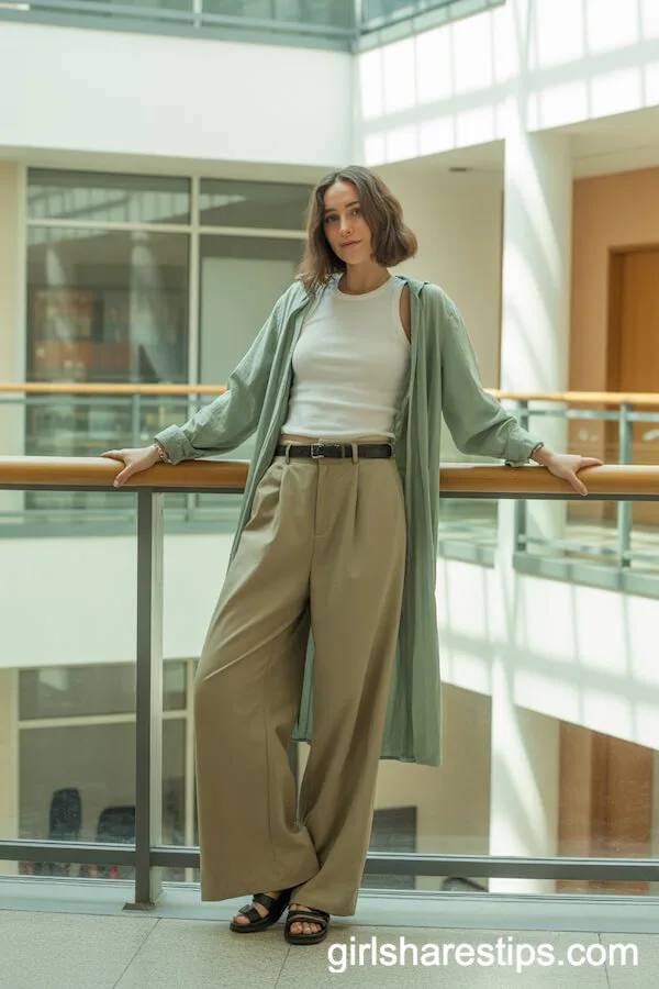 Khaki Wide Leg Pants with a White Tank Top and Long Cardigan