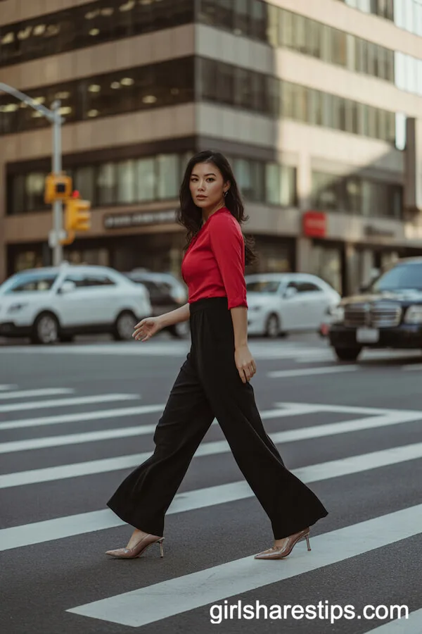 Classic Black Wide Leg Pants with a Vibrant Red Top