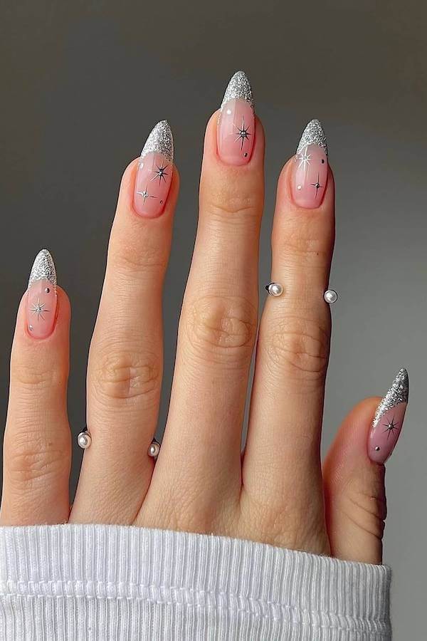 Silver Glitter French Nails with Star Accents
