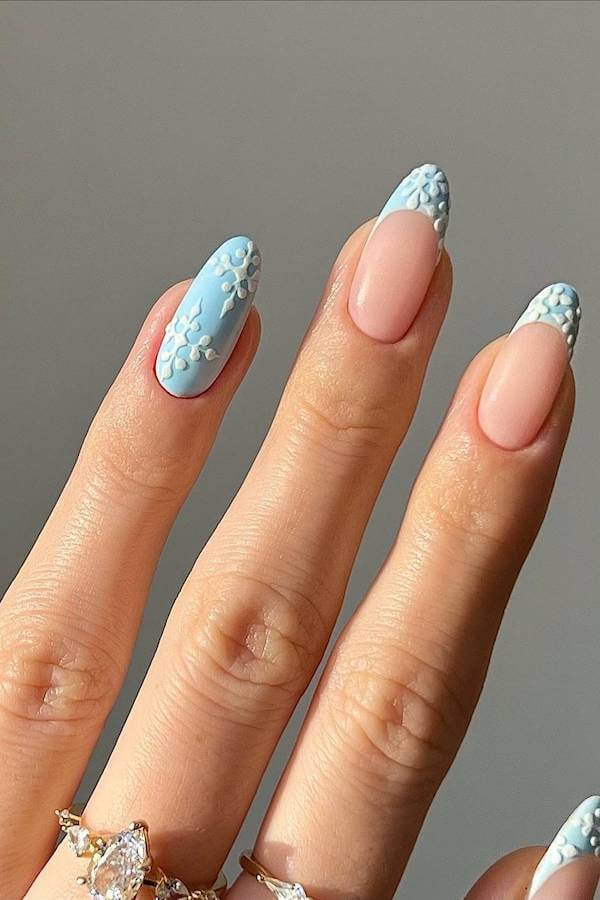 Blue Floral French Nails
