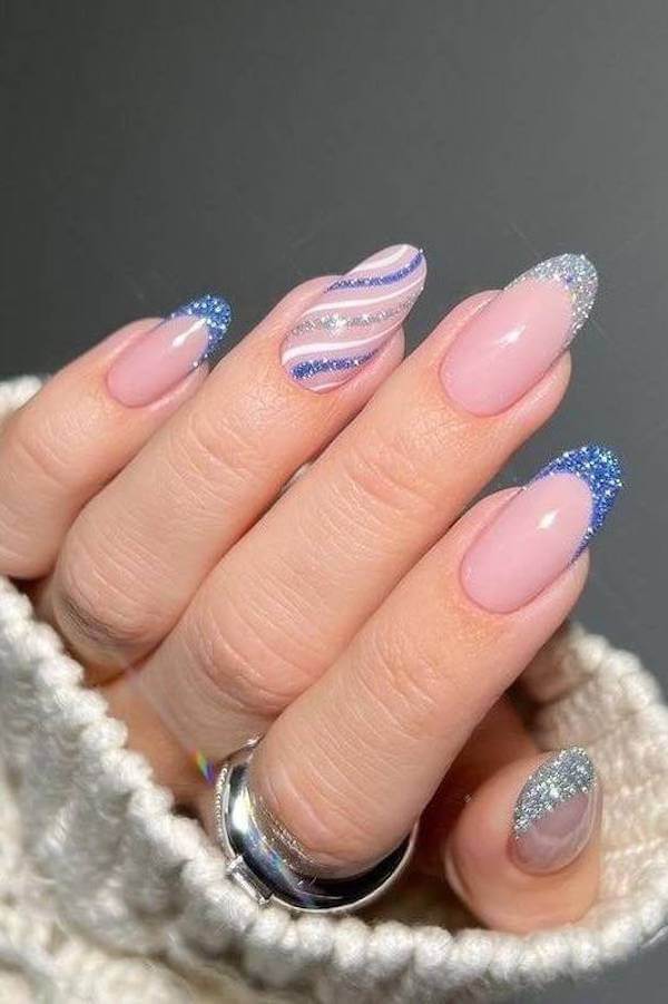Blue Glitter French Nails