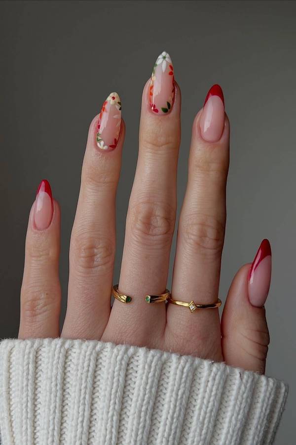 Red French Floral Nails
