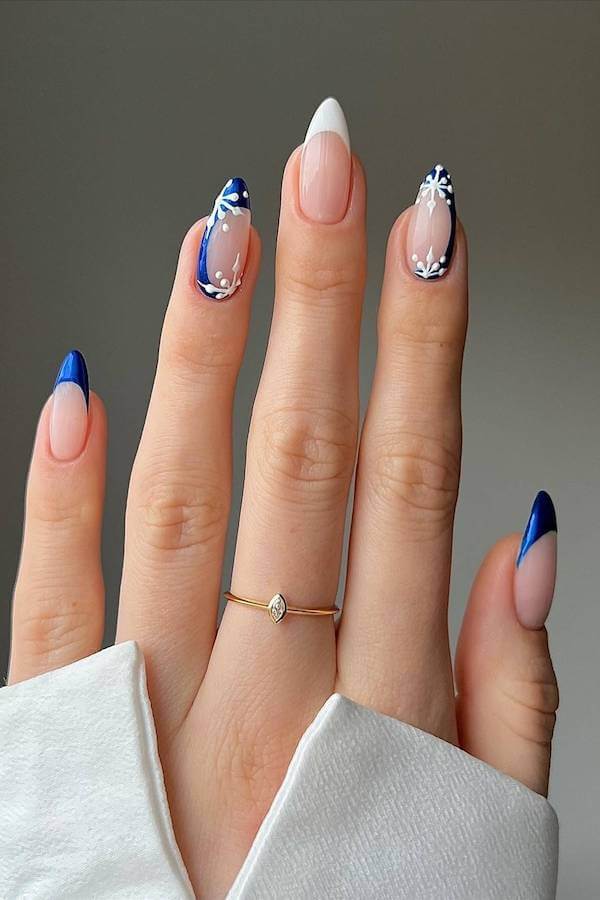Blue French Tips with Snowflake Accents