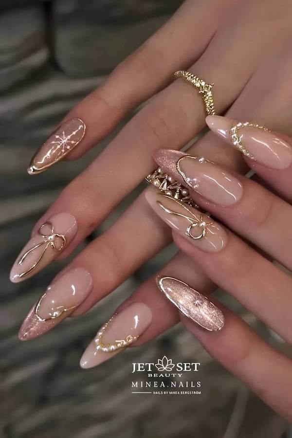 Gold Embellished Nude French Nails