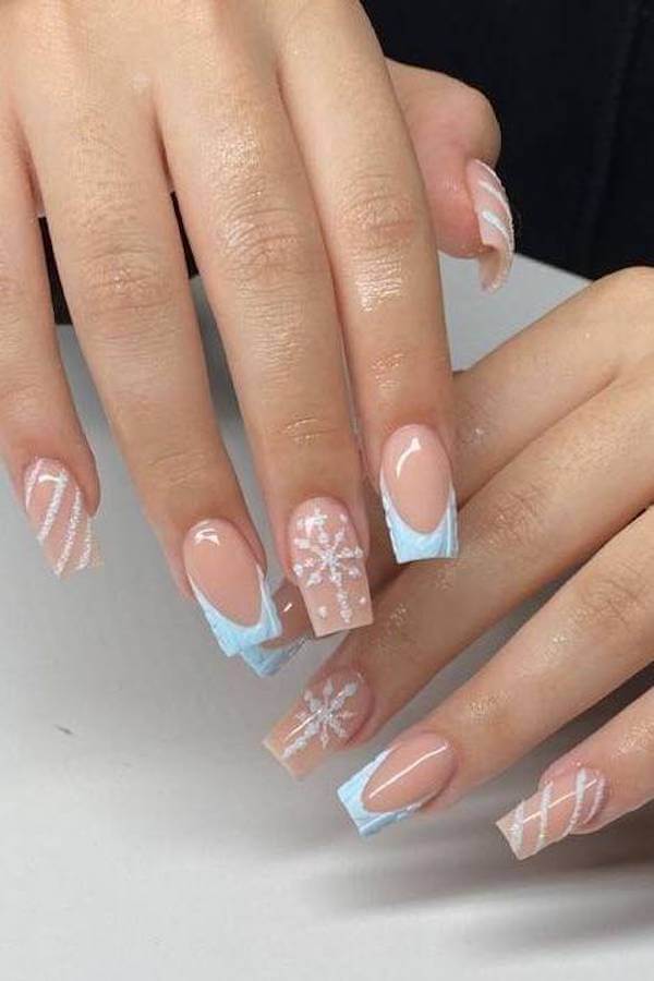 Light Blue French Tips with Snowflake Designs