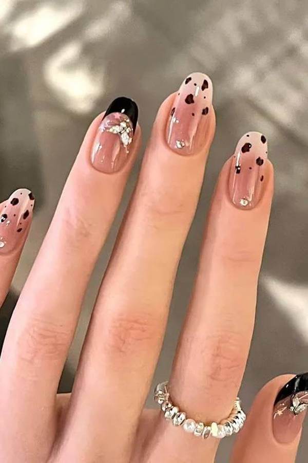 Black Glitter French Tips with Rhinestones