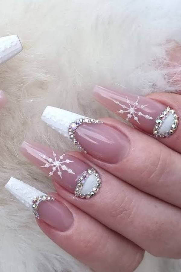 White Glitter French Tips with Rhinestones