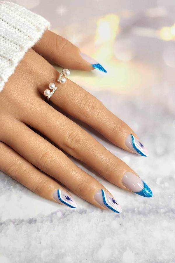 Blue Glitter French Tips with Star Details
