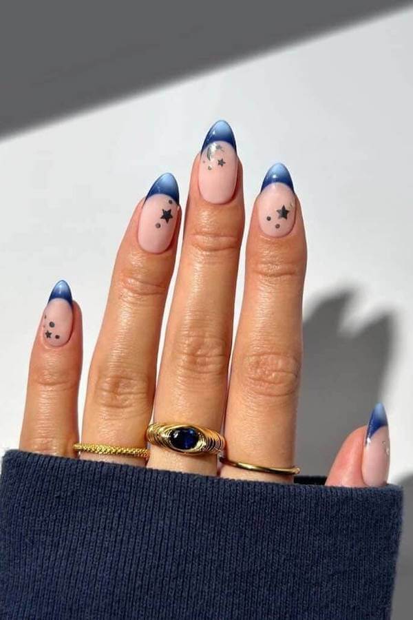 Blue French Nails with Star Accents