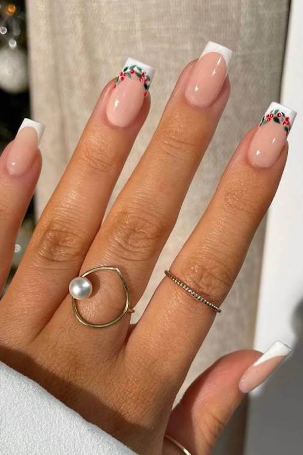 French Nails with Holly Berry Design
