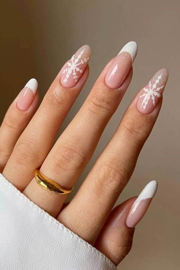 Icy White Snowflake French Nails