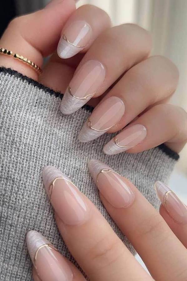 Frosted White French Tips with Gold Accents