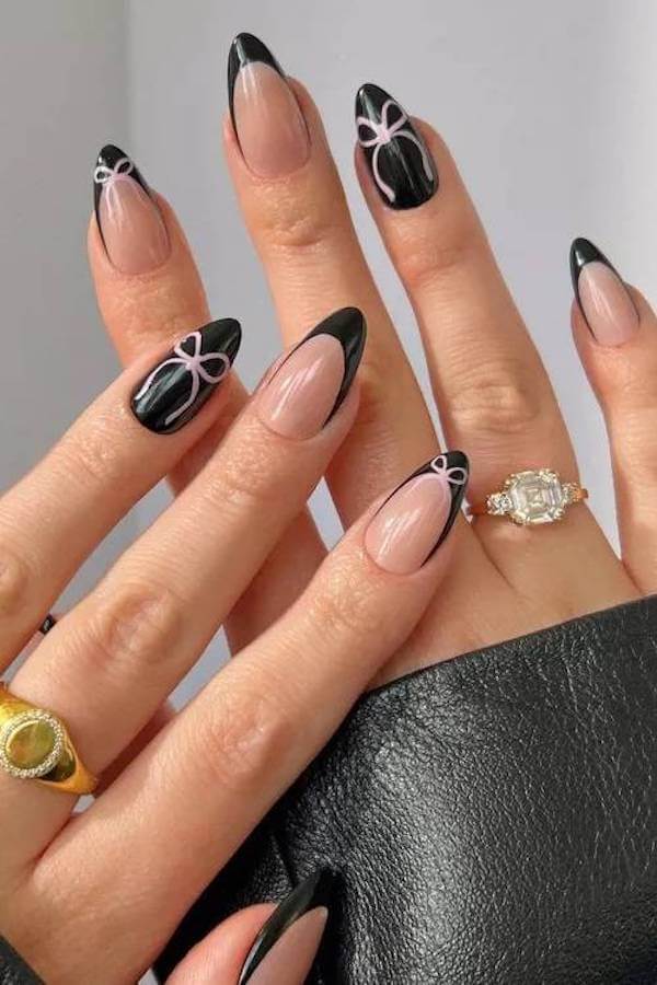 Black French Tips With Bow Accents