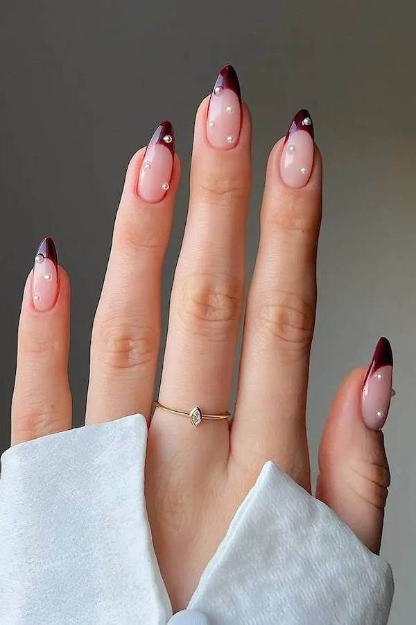 Burgundy French Tips with Pearls