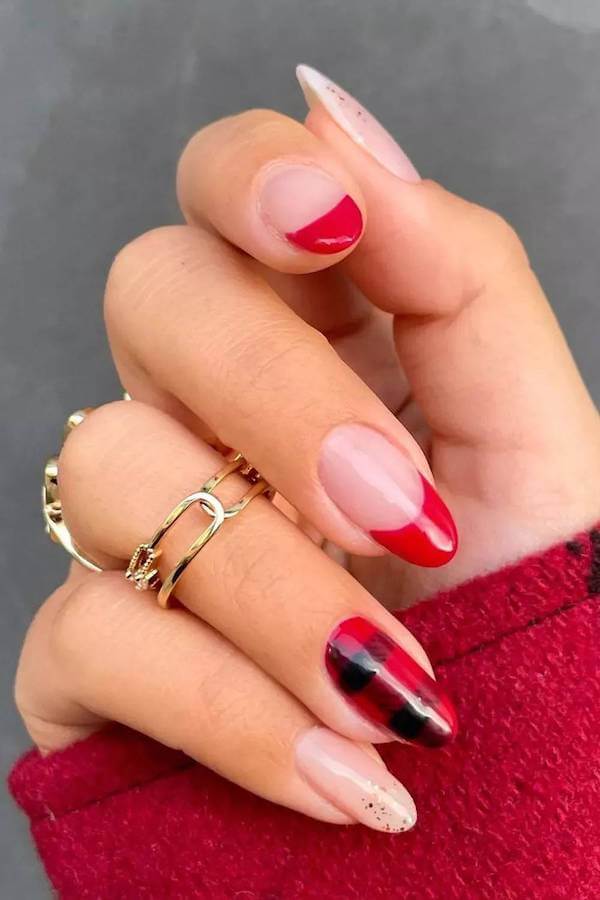 Red French Tips and Plaid Accent