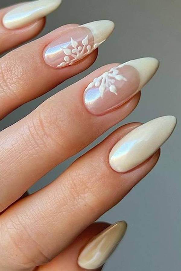 Pearl French Tips with Snowflake Accents