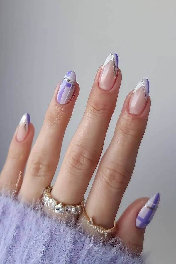 Lavender Plaid and Glitter French Tips