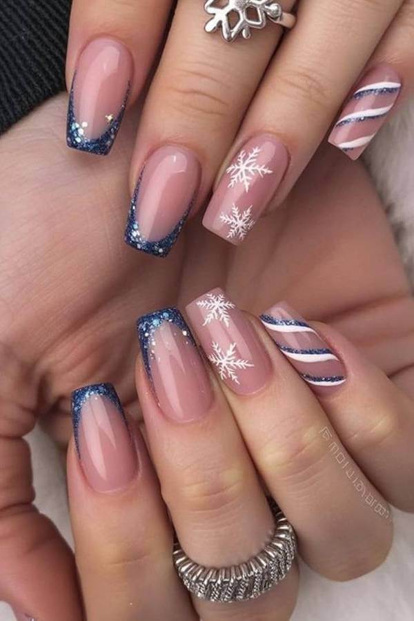 Navy Blue Glitter French Nails with Snowflakes