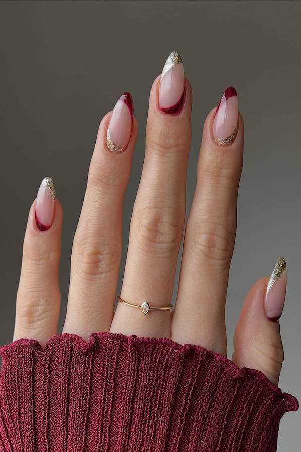Burgundy and Gold French Tips