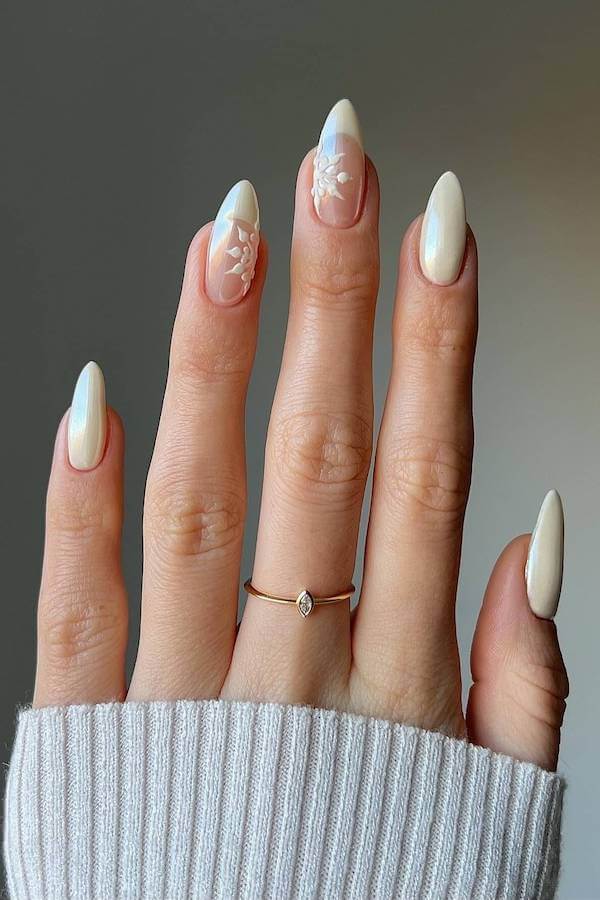 Classic White French Manicure with Leaf Accents