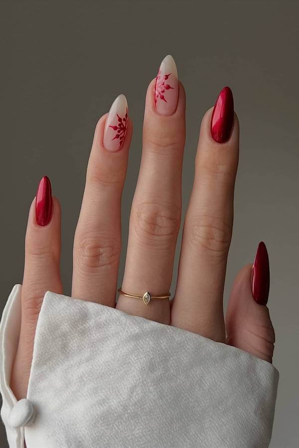 Red and White French Nails with Floral Accents