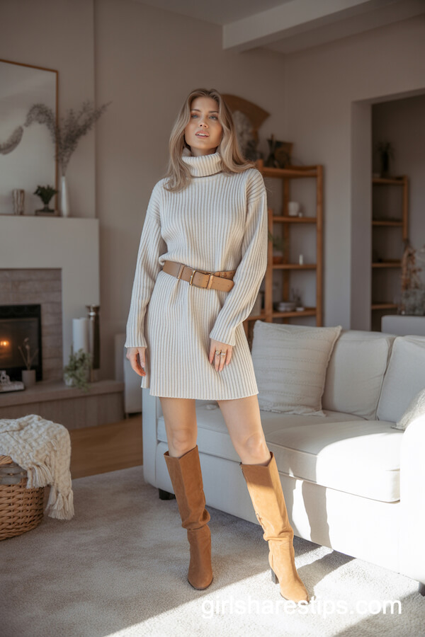 Cream Sweater Dress and Suede Knee-High Boots