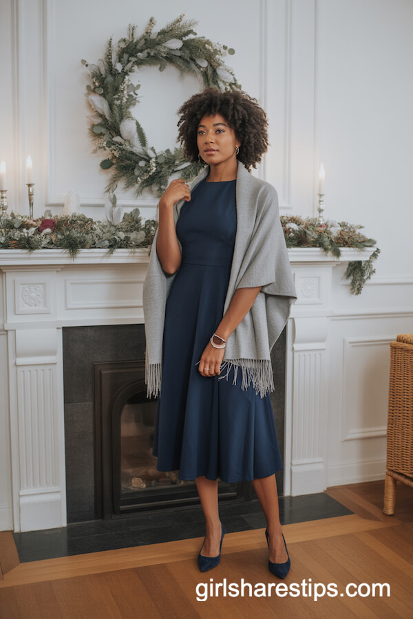 Navy Fit-and-Flare Dress and Shawl