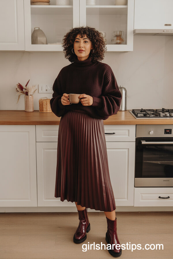 Deep Brown Knit and Burgundy Pleated Skirt