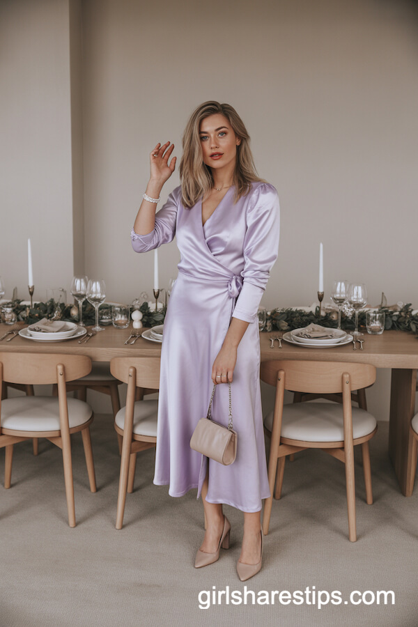 Pastel Lavender Satin Wrap Dress