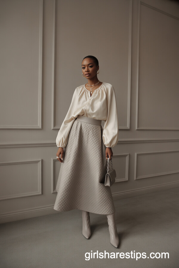 Cream Balloon-Sleeve Top and Quilted Skirt