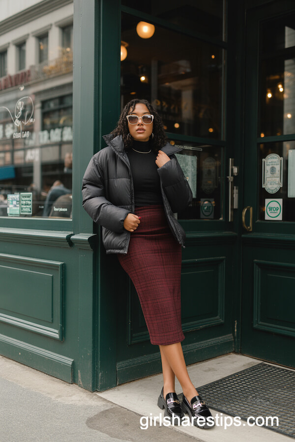 Burgundy Plaid Skirt and Puffer Jacket Outfit