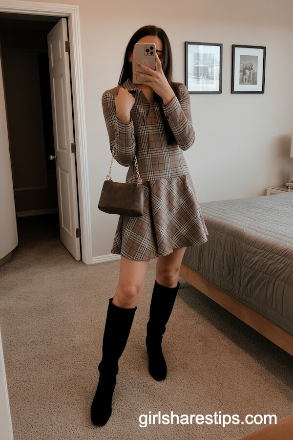 Plaid Dress with Black Suede Boots