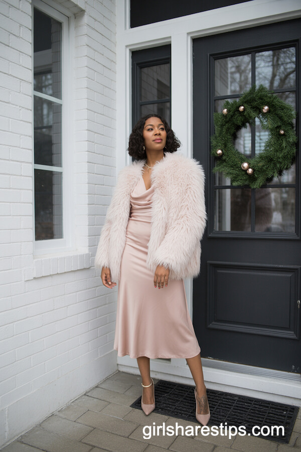 Blush Pink Midi Dress and Faux Fur Coat