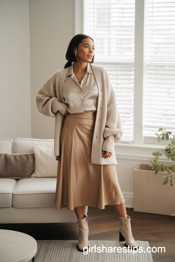 Champagne Blouse and Beige Midi Skirt Combo