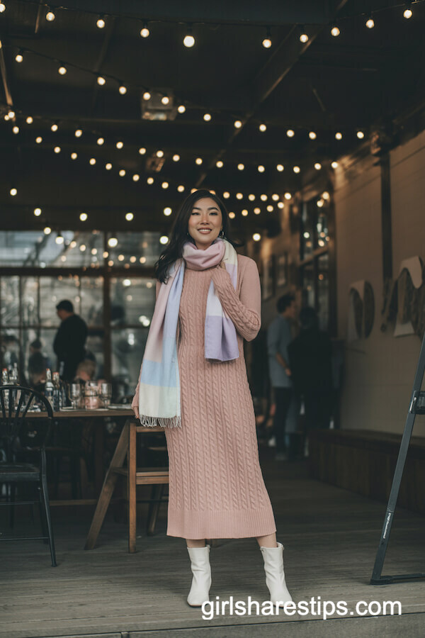 Blush Knit Dress with Pastel Scarf and White Boots