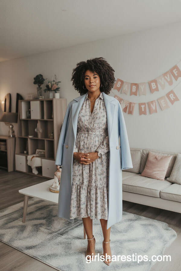 Floral Midi Dress with Pastel Blue Wool Coat