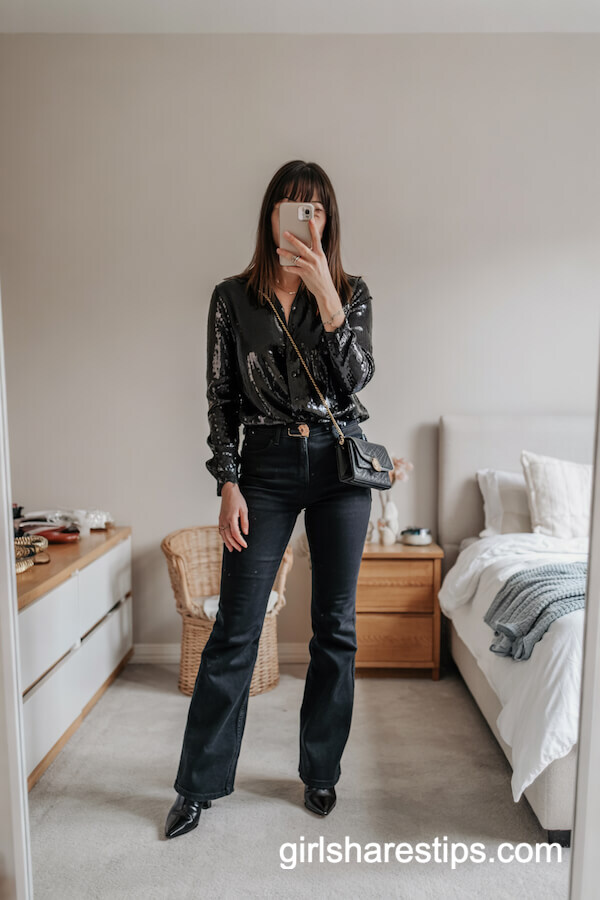 Black Sequin Blouse & Dark Flare Jeans