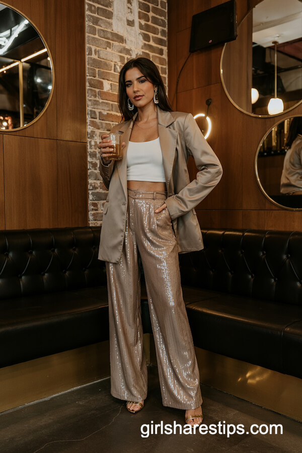 Sequin Wide Leg Trousers & Neutral Blazer
