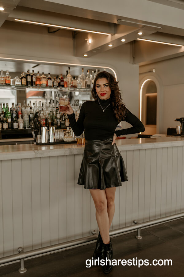 Black Leather Mini Skirt & Gray Fitted Turtleneck